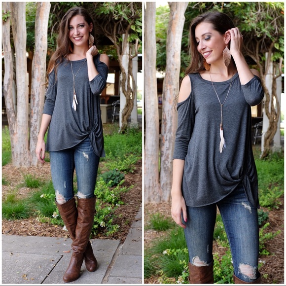 ✨LAST ONE✨Charcoal Cold Shoulder Knot Front Tunic - Picture 2 of 4